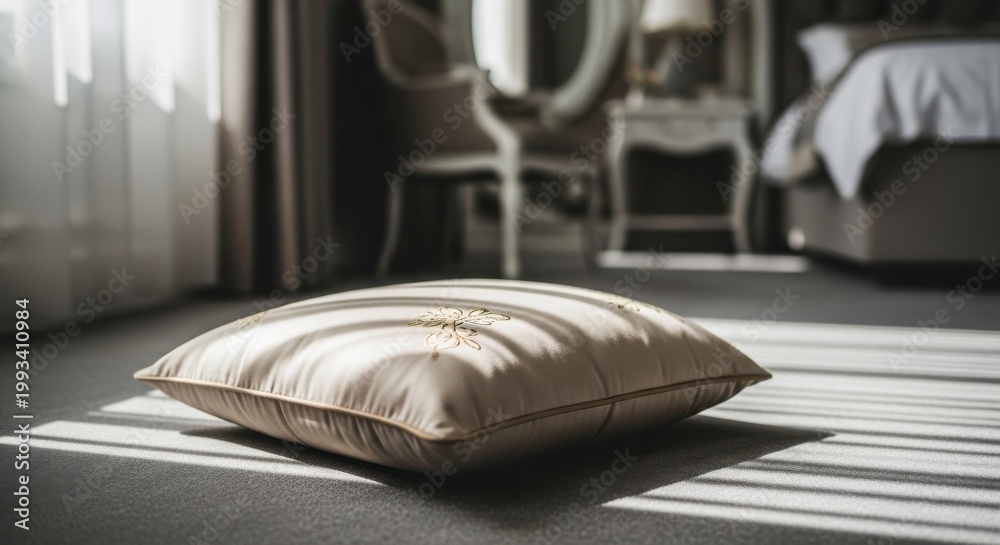 Fototapeta premium Elegant Silk Scatter Cushion with Subtle Gold Embroidery on Floor