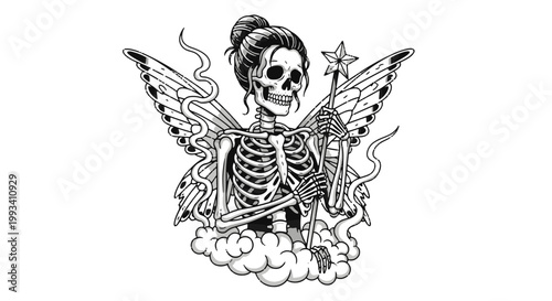 Gothic Tattoo Skeleton Fairy with Star Wand and Wings on Clouds
