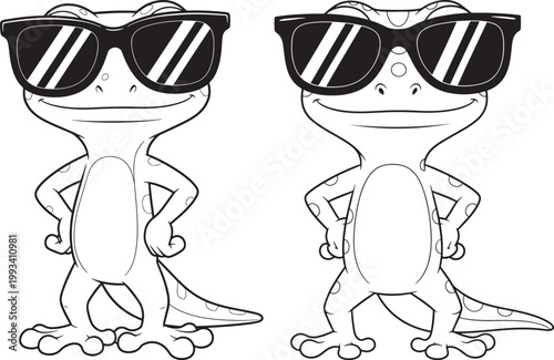 Two geckos wearing sunglasses with paws on hips black and white line art white background sunglasses illustration attitude standing character vacation wildlife adorable creative isolated