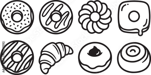 Assortment of doodle style donuts and pastry, black and white outline drawings, baked goods