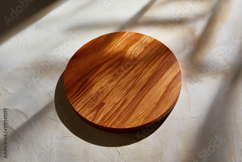 Wooden Round Cutting Board Placed on a Light Surface in Bright Sunlight Durin...