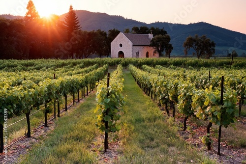 Sunrise Over Vineyard With Stone Building in the Countryside