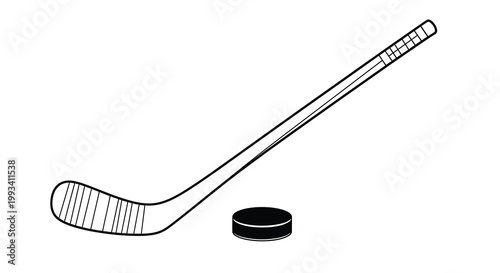 A simplified black and white illustration depicts a hockey stick and puck showcasing essential equipment high quality professional