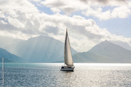 Sailboat Moves Across Water With Mountains and Clouds in Background During Da...