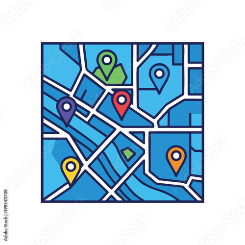 Colorful Map with Location Pins Illustrating Navigation and Travel.
