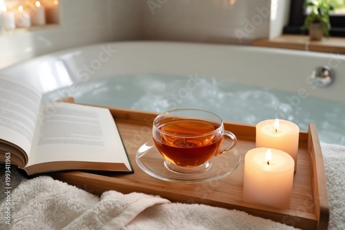 Warm Tea, Book, and Candles Create a Relaxing Moment by the Bathtub in a Quie...