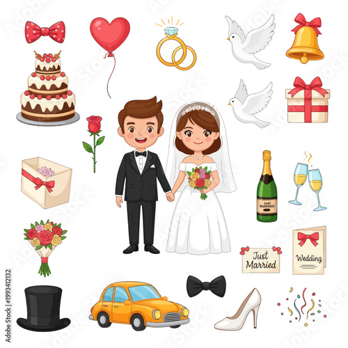 Wedding Collection: Bride, Groom, Cake, Rings, Doves, Car, Champagne, Gifts