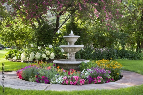 Garden Fountain and Flower Bed in a Park With Bright Flowers by Trees and Bushes
