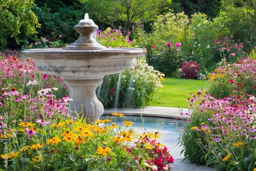 Garden Fountain and Flower Bed in a Park With Bright Flowers by Trees and Bushes