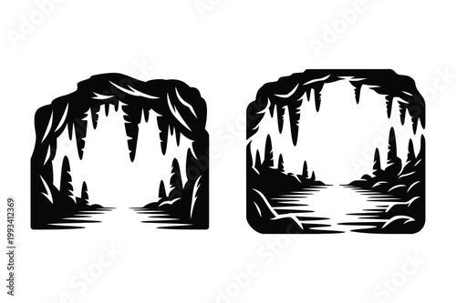 Cave entrance silhouettes with stalactites and water reflections, entrance