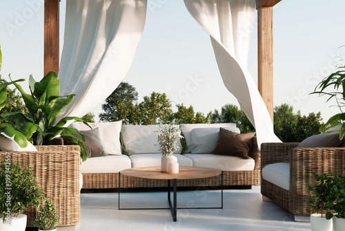 Outdoor Lounge Area With Comfortable Seating and Plants in a Sunny Location