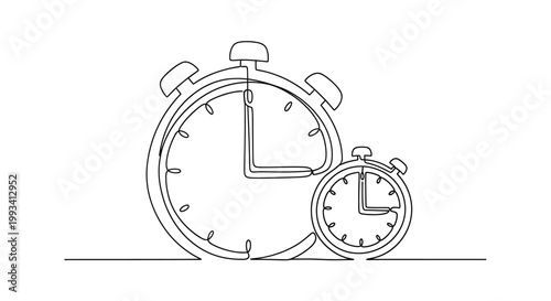 Continuous line drawing of two alarm clocks, one large and one small, symbolizing time management and urgency.