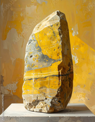Large yellow rock on pedestal indoors.
