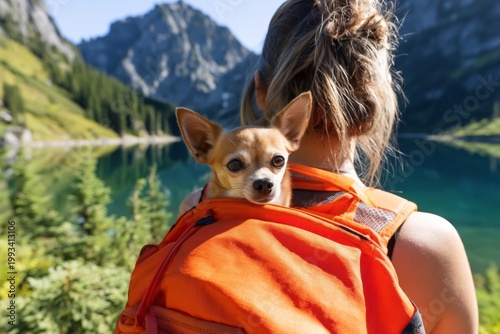 Hiking With a Dog Near a Lake Surrounded by Mountains on a Sunny Day