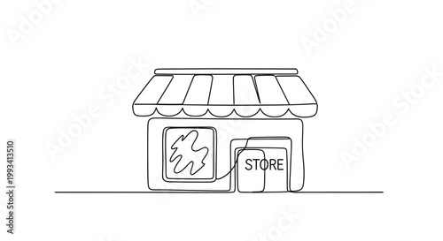 Single line drawing of a store with a striped awning and the word STORE on the door.