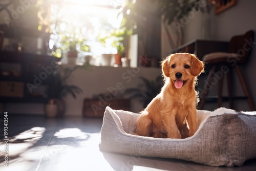 Happy Puppy Sits in Bed by Window With Sunlight Shining Through Plants in Liv...