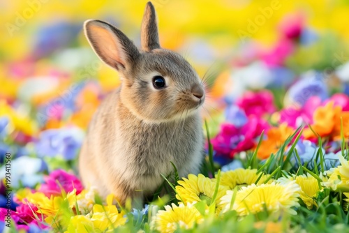 Rabbit Sits Among Colorful Flowers in a Garden During Springtime