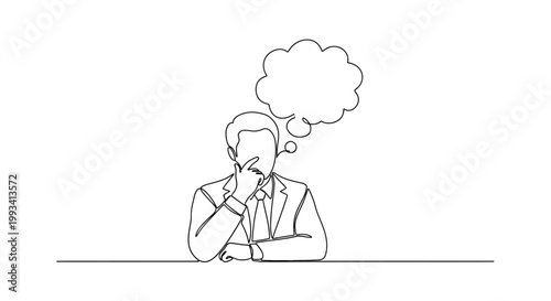 Man in Suit Thinking with Thought Bubble Above Head - Minimalist Line Art