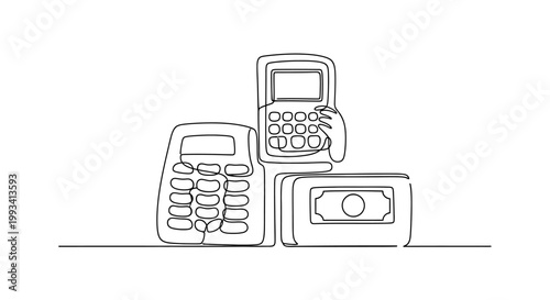 Financial calculator, payment terminal, and wallet with cash on white background, concept of finance