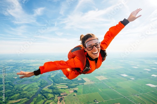 Skydiver Enjoys Freefall Above Green Fields on a Sunny Day