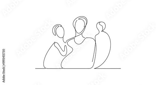 Minimalist Single Line Drawing of a Family: Parents and Child, Abstract Representation of Unity and Connection