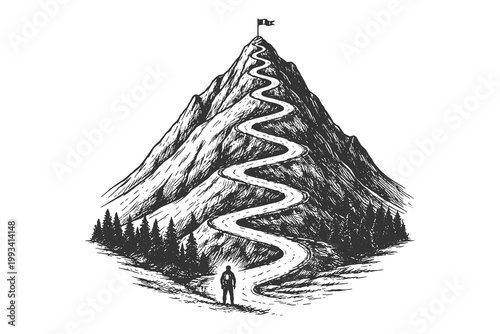 Vintage engraving line art mountain trail landscape vector illustration set with winding path, peak summit, and lone traveler in detailed black and white style
