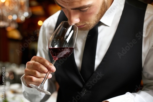 Man in Formal Wear Inspects Red Wine in Restaurant With Blurred Lights in Bac...