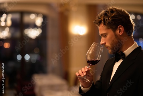 Man in Formal Wear Inspects Red Wine in Restaurant With Blurred Lights in Bac...