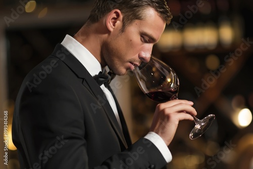 Man in Tuxedo Smells Wine in a Restaurant During Dinner Service at Night