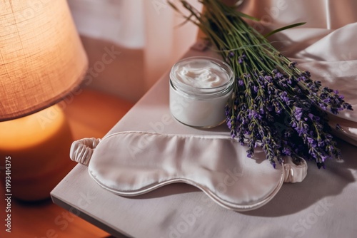 Relaxing Setup With Lavender, Cream, and Eye Mask on a Table Near a Warm Lamp