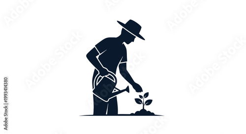 Farmer Planting Seedling with Garden Tool.