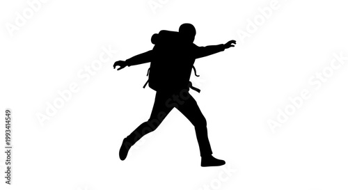 Silhouette of Hiker Running with Backpack.
