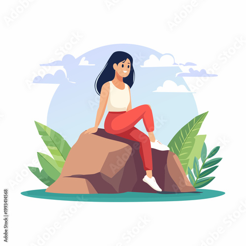 Woman Sitting on Rock in Nature