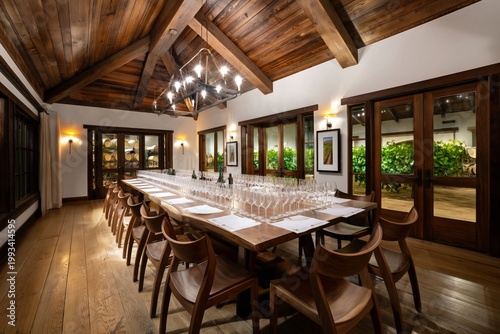 Long Dining Table Set for Gathering in Modern Space With Wood Features and Wi...