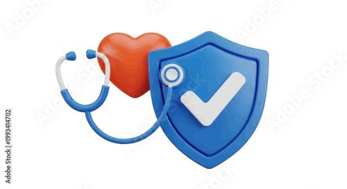 Vector illustration of 3d illustration of a stethoscope, heart, and shield with a checkmark on a transparent background
