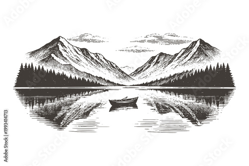 Vintage engraving line art mountain lake landscape vector illustration set with mirrored reflection, boat on calm water, and detailed alpine scenery composition