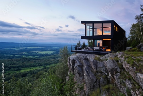 Modern House Sits on Cliff in Mountain Landscape During Evening Light Near Fo...