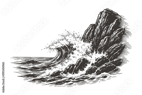Dynamic hand drawn illustration of ocean waves crashing against rugged rocks, rendered in bold vintage engraving style.