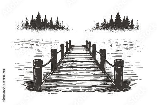 Serene lake scene with a wooden dock leading into calm water, surrounded by misty forest in detailed line art style.