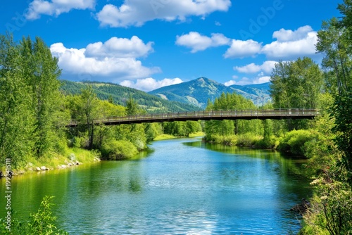Bridge Over Water in Forested Area Near Mountains on a Sunny Day