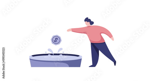 Animated Man Tossing Coin into Piggy Bank for Savings Concept