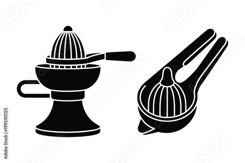 Manual citrus juicer and reamer icons with equipment handheld squeezer