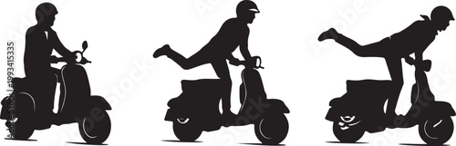 Silhouettes of people riding scooters in dynamic poses with silhouette movement transport