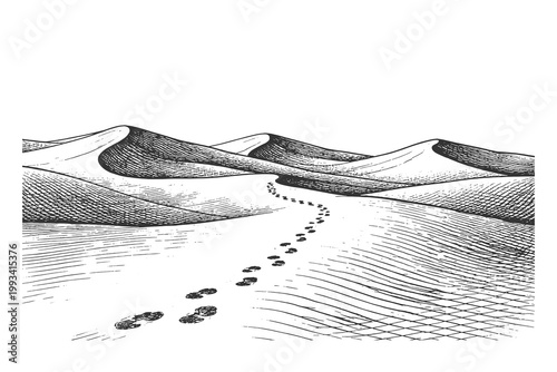 Hand-drawn desert dunes with footprints, vintage engraving style, perfect for prints or travel design.
