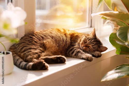 Cat Sleeps on Windowsill Near Plants During Sunny Afternoon