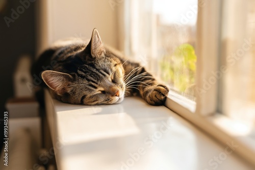 Cat Sleeps on Windowsill Near Plants During Sunny Afternoon