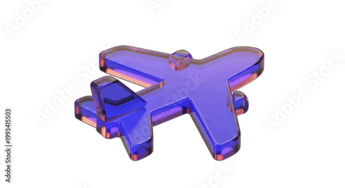 Vector illustration of 3d render of a stylized purple glass airplane on a transparent background