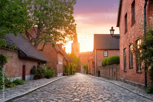 Charming Street in a Small Town During Sunset With Cottages, Flowers, and a C...