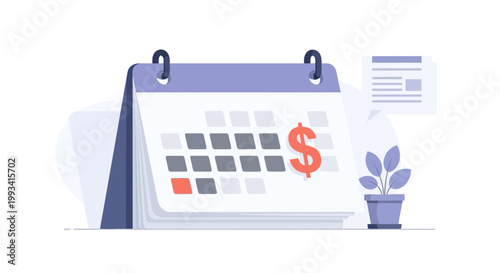 Calendar with Dollar Sign and Plant Illustration for Financial Planning