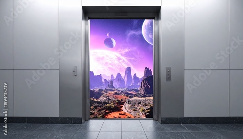 開いたエレベーターのドアの先に未知の惑星が広がるシュールな風景